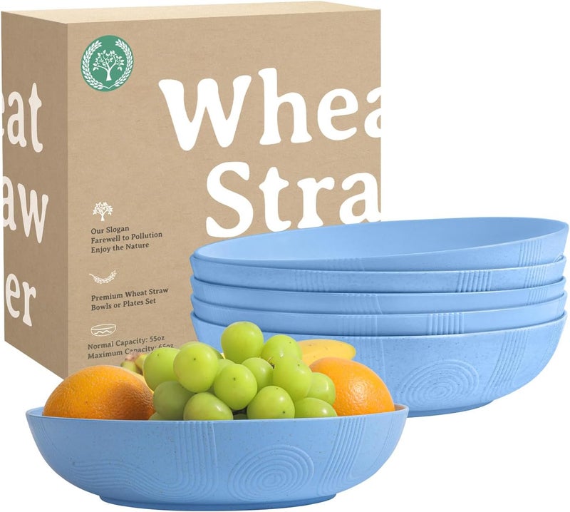 Homienly Wheat Straw Big Bowls Salad Bowls Set of 6 10 inch Serving Bowls 65 oz Large Bowls Plastic Plates Bowls Wide and Shallow Bowls for Kitchen Microwave  Dishwasher SafeSky Blue - Image 1