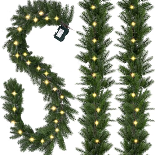 UZLU Christmas Garland with Lights 6 Ft Lighted Garland Realistic Greenery Norfolk Pine Garlands 30 LED Lights Battery Powered Timer Included Greenery Garlands for Mantle Christmas Decor - Image 1