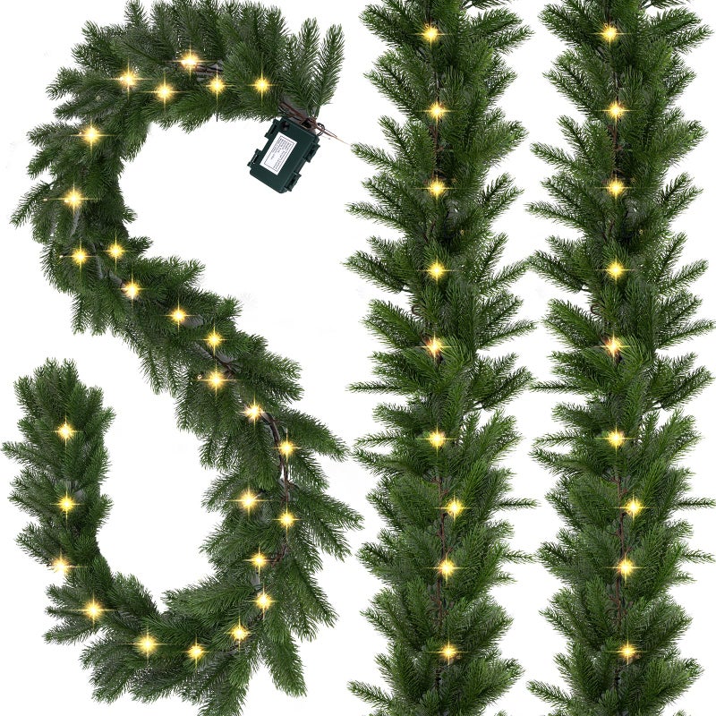 UZLU Christmas Garland with Lights 6 Ft Lighted Garland Realistic Greenery Norfolk Pine Garlands 30 LED Lights Battery Powered Timer Included Greenery Garlands for Mantle Christmas Decor - Image 2