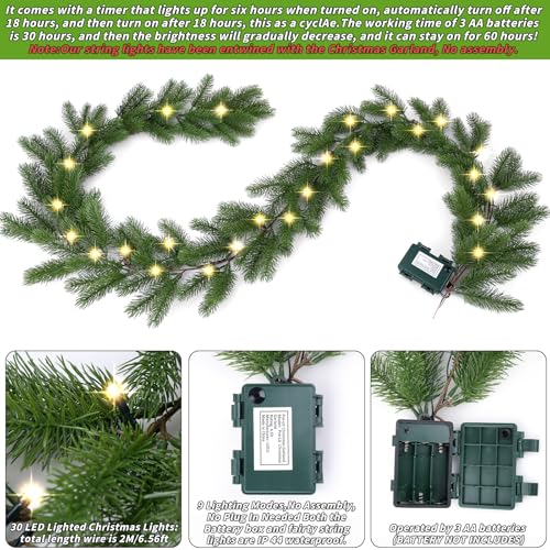 UZLU Christmas Garland with Lights 6 Ft Lighted Garland Realistic Greenery Norfolk Pine Garlands 30 LED Lights Battery Powered Timer Included Greenery Garlands for Mantle Christmas Decor - Image 3