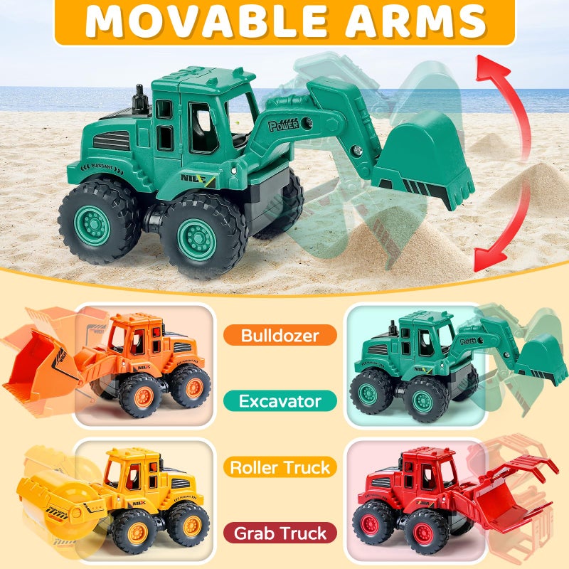 Beestech Construction Toys for 3 Years Old Boys Girls Kids, Friction Powered Construction Truck Toys Vehicles Sand Toys Trucks Excavator, Bulldozer, Road Roller (Colorful 4 Pack) - Image 3