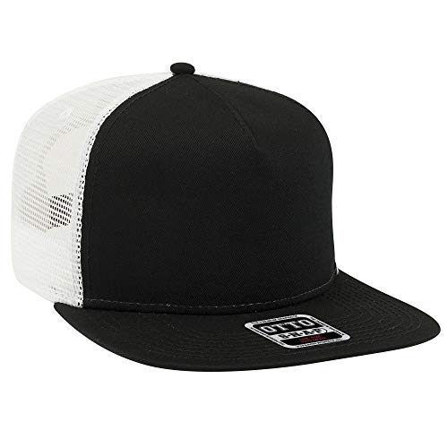 OTTO Square Flat Visor SNAP 5 Panel Mesh Back Trucker Snapback Hat - Blk/Blk/Wht - Image 1