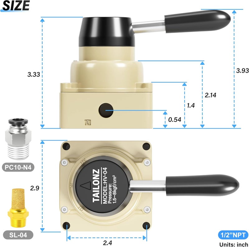 TAILONZ PNEUMATIC Rotary Lever Hand Valve HV-04 1/2”NPT Air Flow Control 3 Position 4 Way - Image 2