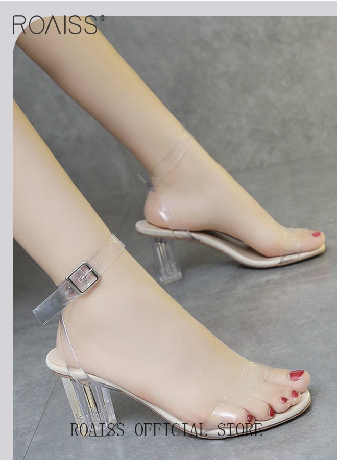 roaiss - Women Transparent Strappy High Heels Women Thick Heel Sandals Women Buckle High Heels - Image 1