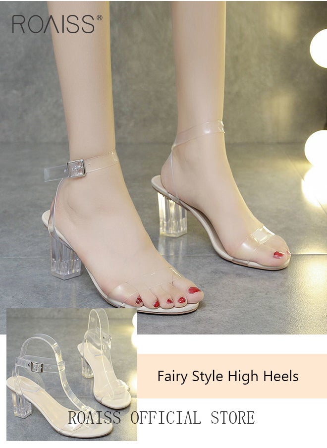 roaiss - Women Transparent Strappy High Heels Women Thick Heel Sandals Women Buckle High Heels - Image 1
