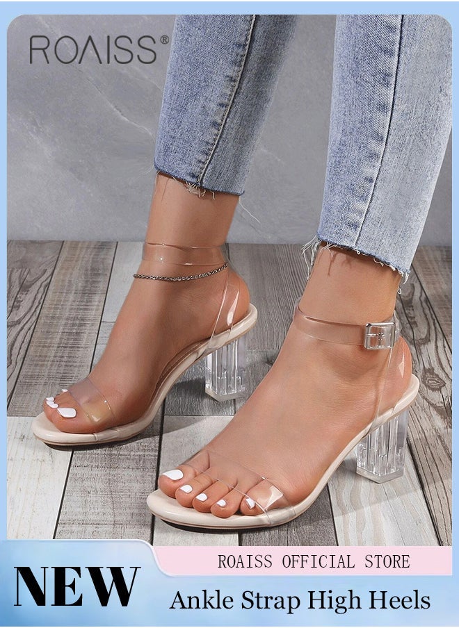 roaiss - Women Transparent Strappy High Heels Women Thick Heel Sandals Women Buckle High Heels - Image 1
