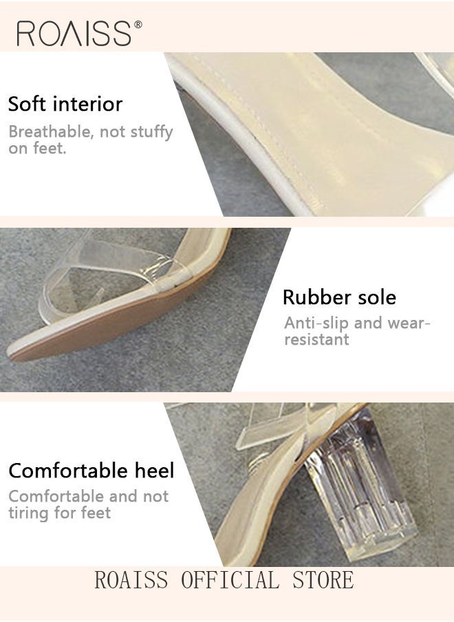 roaiss - Women Transparent Strappy High Heels Women Thick Heel Sandals Women Buckle High Heels - Image 1