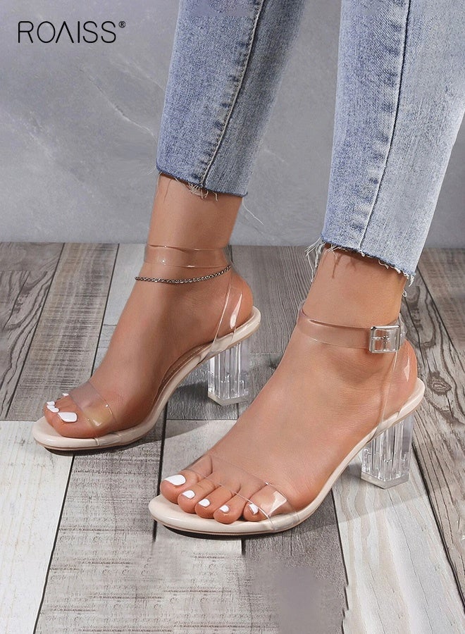 roaiss Women's Transparent Strappy High Heel Sandals Fashionable Thick Heel Dress Shoes Featuring a Buckle Slingback Closure and Open Toe Perfect for Parties, Weddings, and Evening Events - Image 1