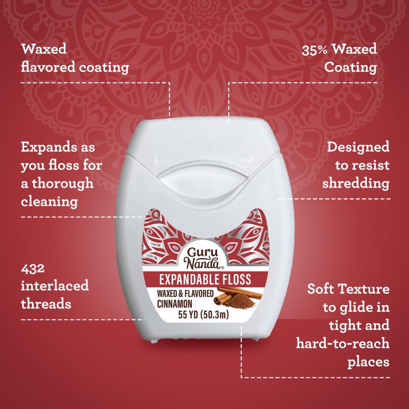 GuruNanda Expandable Waxed Dental Floss for Gentle, Deep Cleaning Wide Teeth Flossing - Cinnamon Flavor - 55 Yards - Image 4