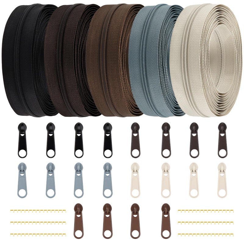 DOITEM 153 Yards 14 m 5 Pieces Assorted Colors 3 Nylon Coil Zippers Sewing Zippers Endless Zips with 20 Zipper Sliders Zip Heads for DIY Tailor Craft Supplies Black Brown Gray DT1139