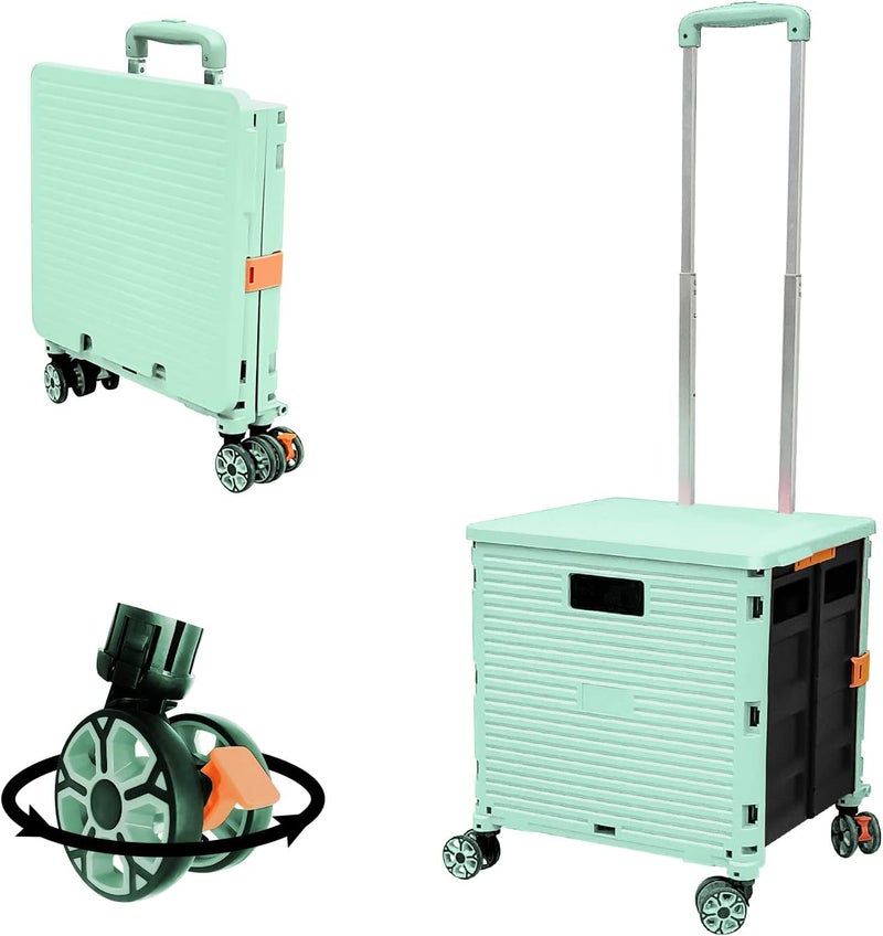 FELICON SELORSS Foldable Utility Cart Folding Portable Rolling Crate Handcart with Durable Heavy Duty Plastic Telescoping Handle Collapsible 4 Rotate Wheels for Travel Shop Move Luggage Office(Green - Image 1