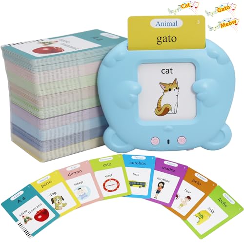 MAYAPHILOS Spanish English 510 Words Alphabet Bilingual Talking Flash Cards for 38 Years Toddlers Pocket Speech Buddy Therapy Autism Toys Educational Learning Interactive Toy for Boys Girls Kids Gifts Blue - Image 1