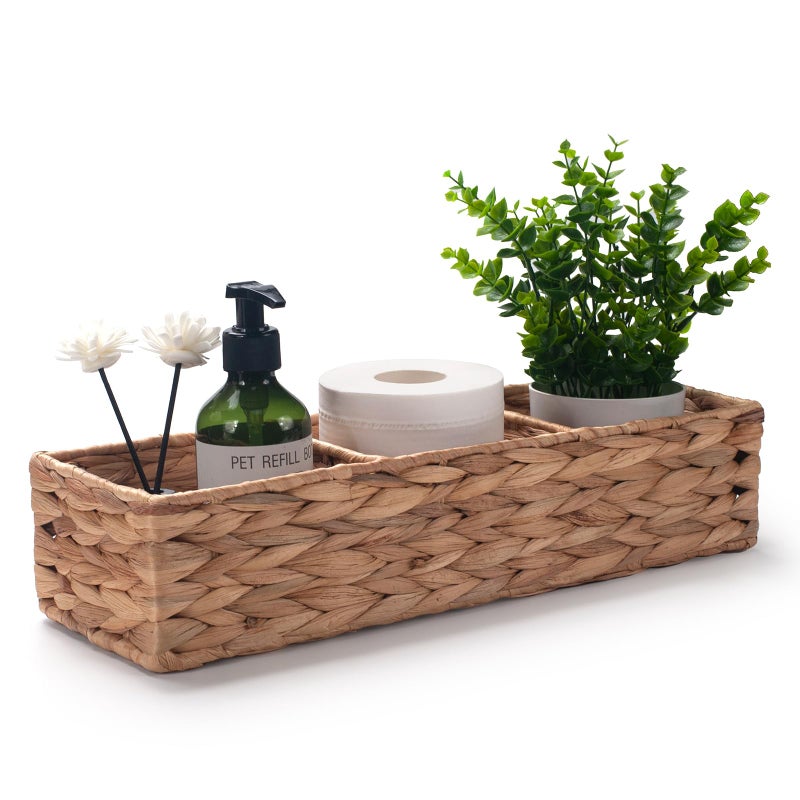 IVAILEX Water Hyacinth Toilet Tank Basket for Toilet Paper Rolls Wicker Baskets for Shelves Tampon Storage for Bathroom 3 Dividers (Large Compartment 16.5inch x 5.5inch x 3.5inch) - Image 1