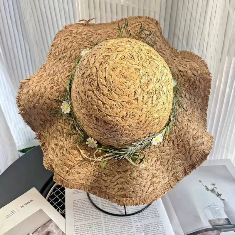 Summer Casual Straw Hat with Lace Trim - Sun Protection & Breathable Wide Brim Hat for Beach Outdoor