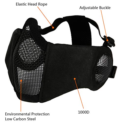 AOUTACC Airsoft Mesh Mask, Half Face Mesh Masks with Ear Protection for CS/Hunting/Paintball/Shooting (Mesh Ear, BK) - Image 2