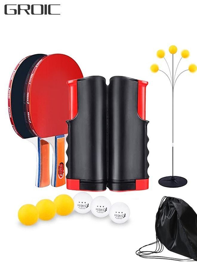 NIBEMINENT Ping Pong Paddle Set, Portable Table Tennis Set with Retractable Net, 2 Rackets, 6 Balls, Elastic Soft Shaft Equipment and Carry Bag for Children Adult Indoor/Outdoor Games - Image 1