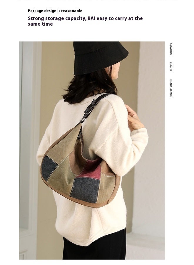 Casual Womens Shoulder Tote Bag Canvas Hobo Handbags Crossbody Color Block Purse-Brown  - Image 2