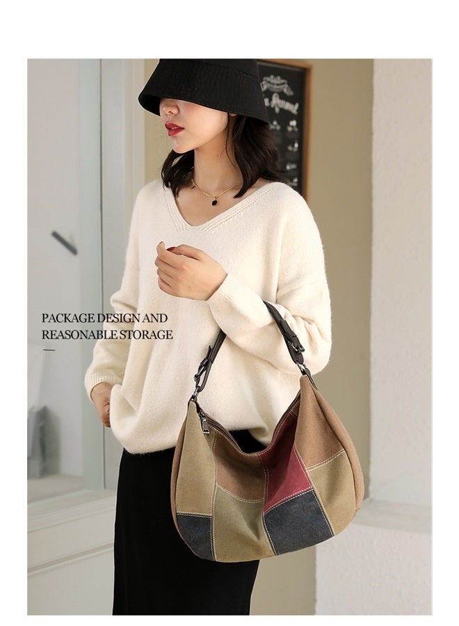 Casual Womens Shoulder Tote Bag Canvas Hobo Handbags Crossbody Color Block Purse-Brown  - Image 3