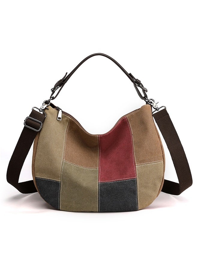 Casual Womens Shoulder Tote Bag Canvas Hobo Handbags Crossbody Color Block Purse-Brown  - Image 1