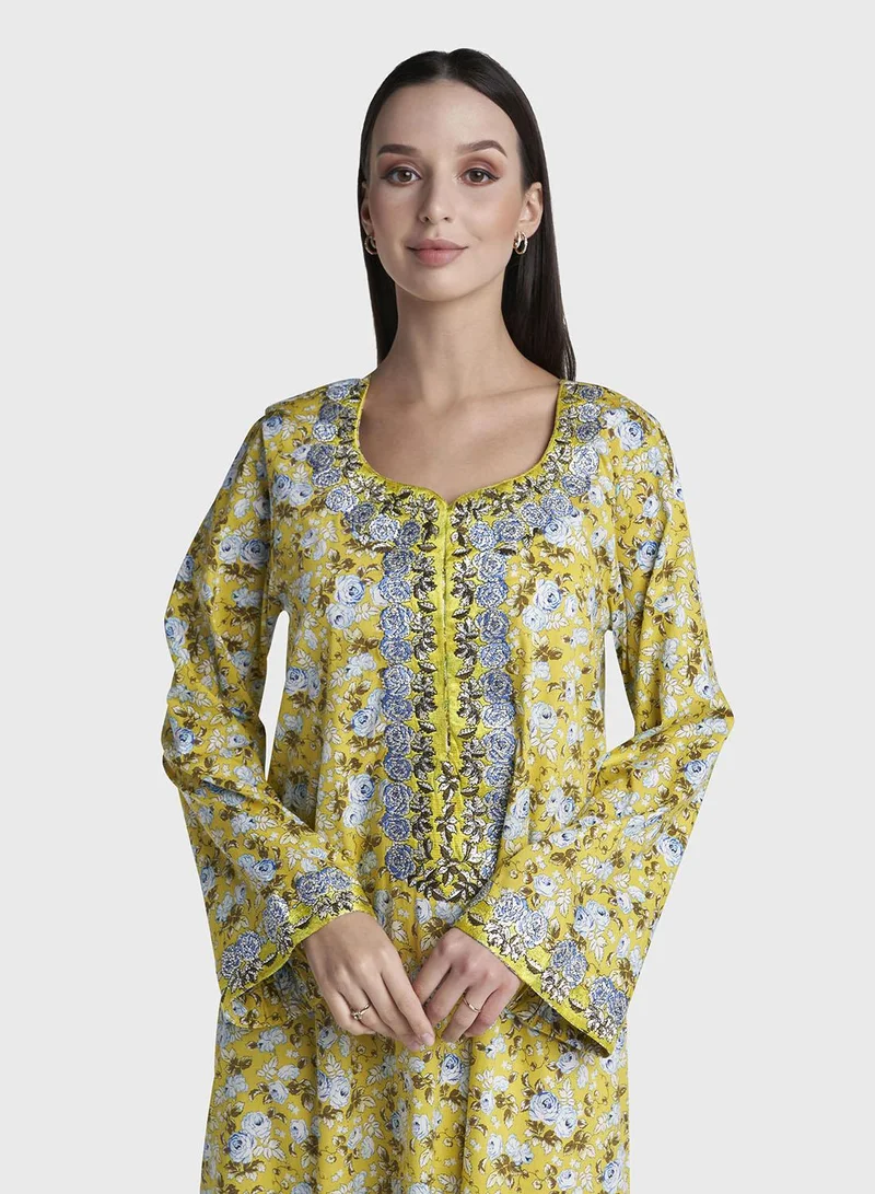 Kashkha Yellow Colour Stone Work Liberty Cotton Floral Printed Jalabiya (VG2985)