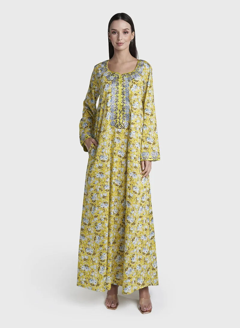Kashkha Yellow Colour Stone Work Liberty Cotton Floral Printed Jalabiya (VG2985)
