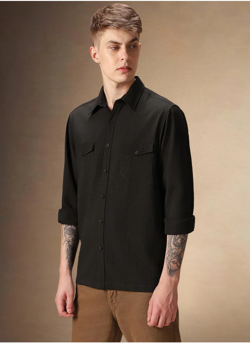 دينيس لينغو Men's Dark Green Cotton Blend Textured Shirt