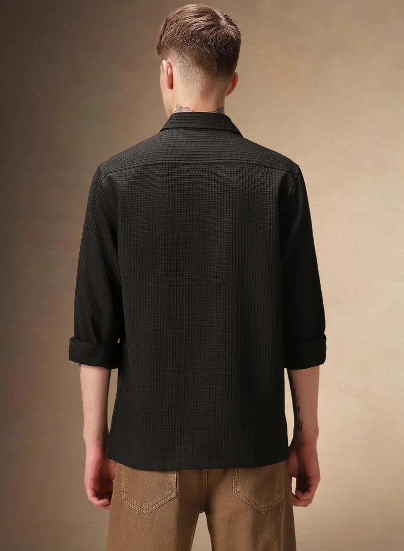 Dennis Lingo Men's Dark Green Cotton Blend Textured Shirt