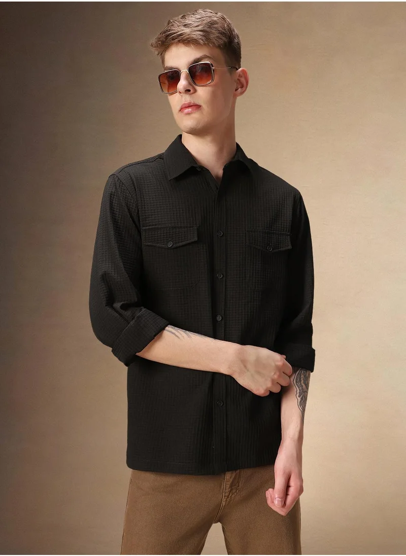 دينيس لينغو Men's Dark Green Cotton Blend Textured Shirt