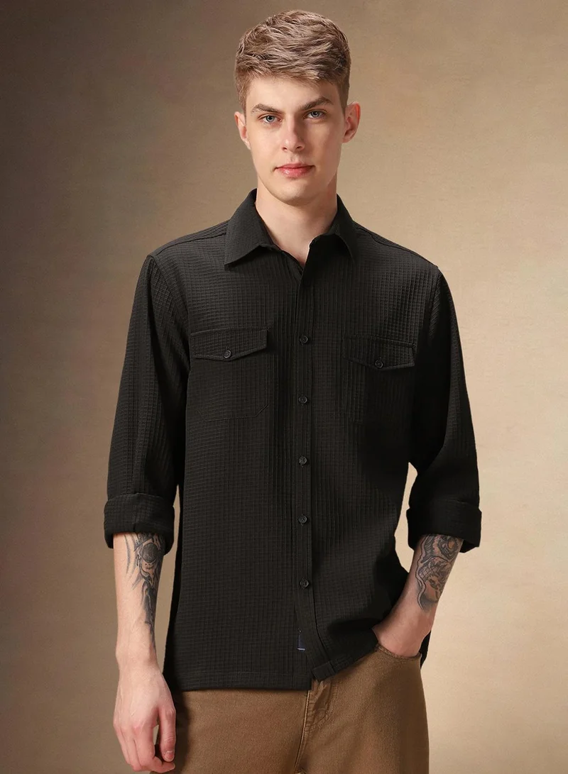 Dennis Lingo Men's Dark Green Cotton Blend Textured Shirt