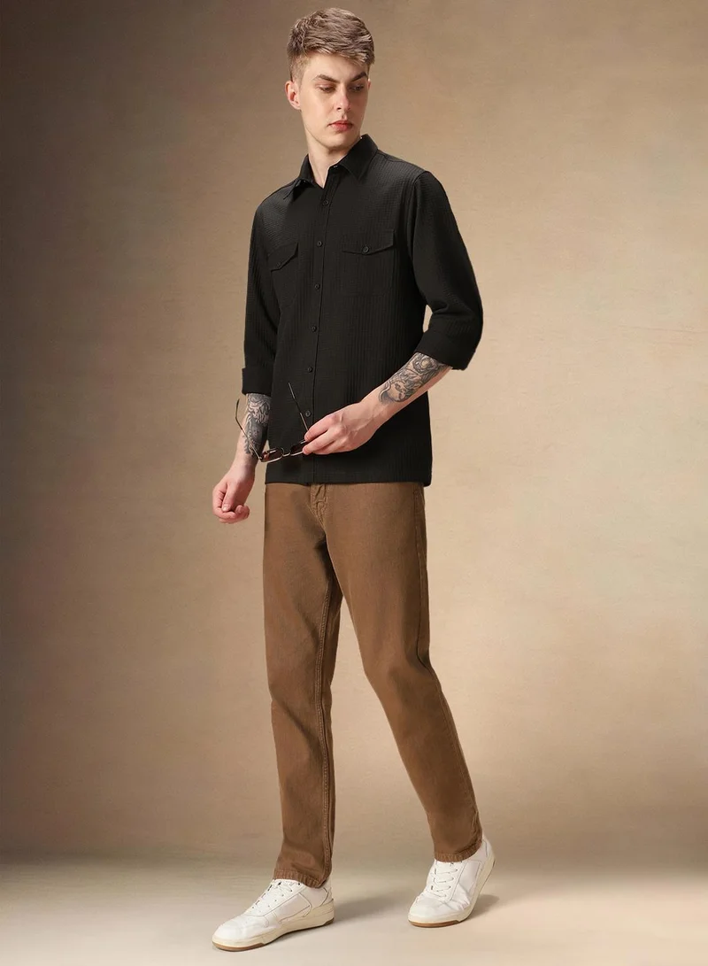 Dennis Lingo Men's Dark Green Cotton Blend Textured Shirt