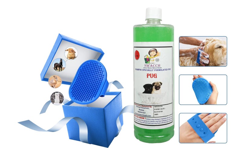 swacch Shampoo | Puppy Safe Shampoo | PH Balanced | Pug Dog Shampoo 1 Litre Neem Alovera + | Rubber Bath Brush with Adjustable Straps | Pet Massage | Soothing Bristles Hand Brush I Combo Pack - Image 2