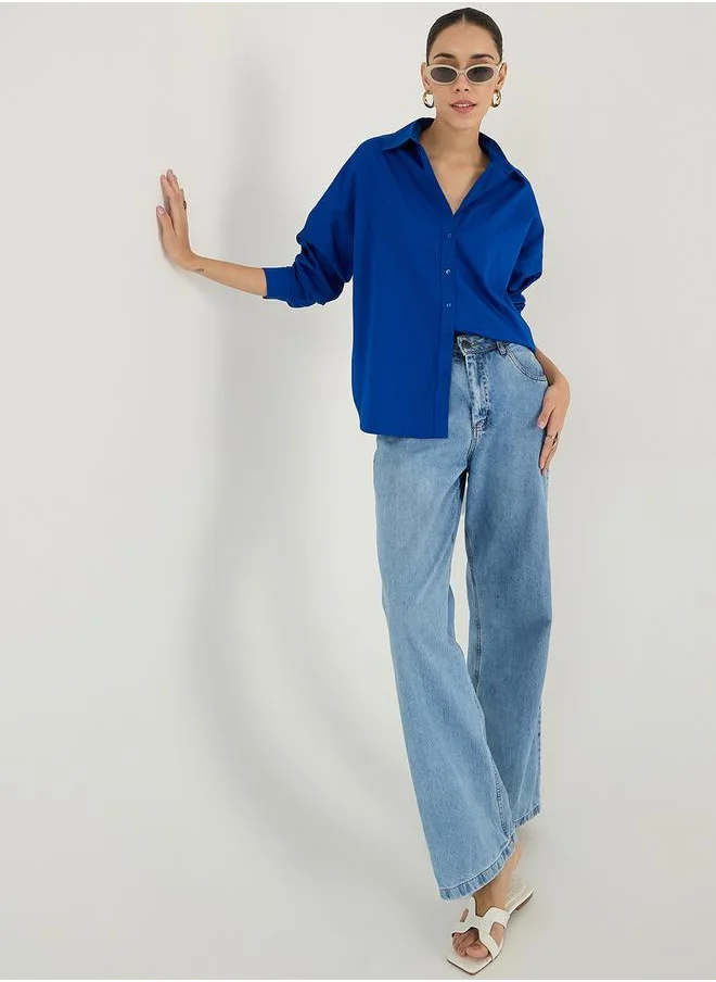 فيميلا Solid Oversized Buttoned Spread Collar Shirt by Styli