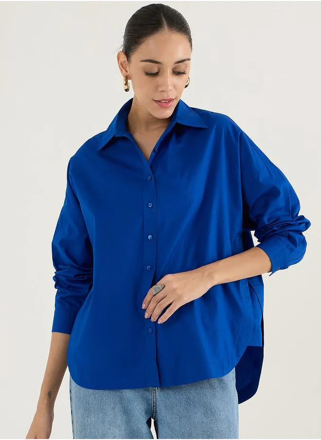 فيميلا Solid Oversized Buttoned Spread Collar Shirt by Styli
