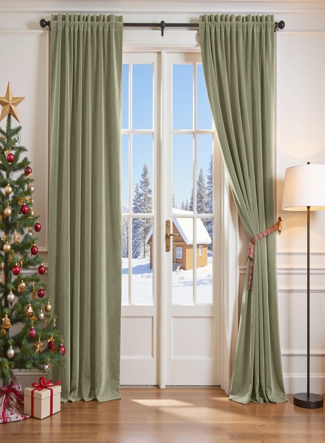 Lazzzy Velvet Blackout Curtains Green 90 Inch Long Thermal Insulated Curtain Heavy Duty Drapes Room Darkening Blackout Curtains Bedroom Window Treatment Set of 2 Panels Rod Pocket Sage - Image 1