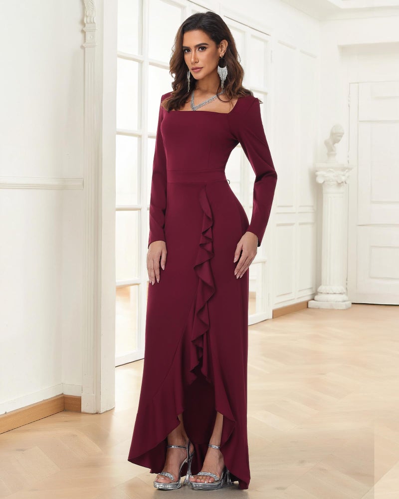 Simlakey Womens Maxi Dress Long Sleeve Square Neck Bodycon Dress Fall Ruffle Hem Mermaid Cocktail Wedding Guest Long Dress(Wine Red,Medium) - Image 3