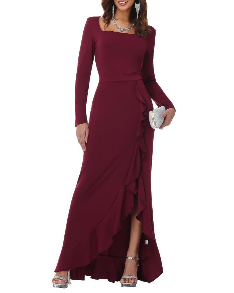 Simlakey Womens Maxi Dress Long Sleeve Square Neck Bodycon Dress Fall Ruffle Hem Mermaid Cocktail Wedding Guest Long Dress(Wine Red,Medium) - Image 1