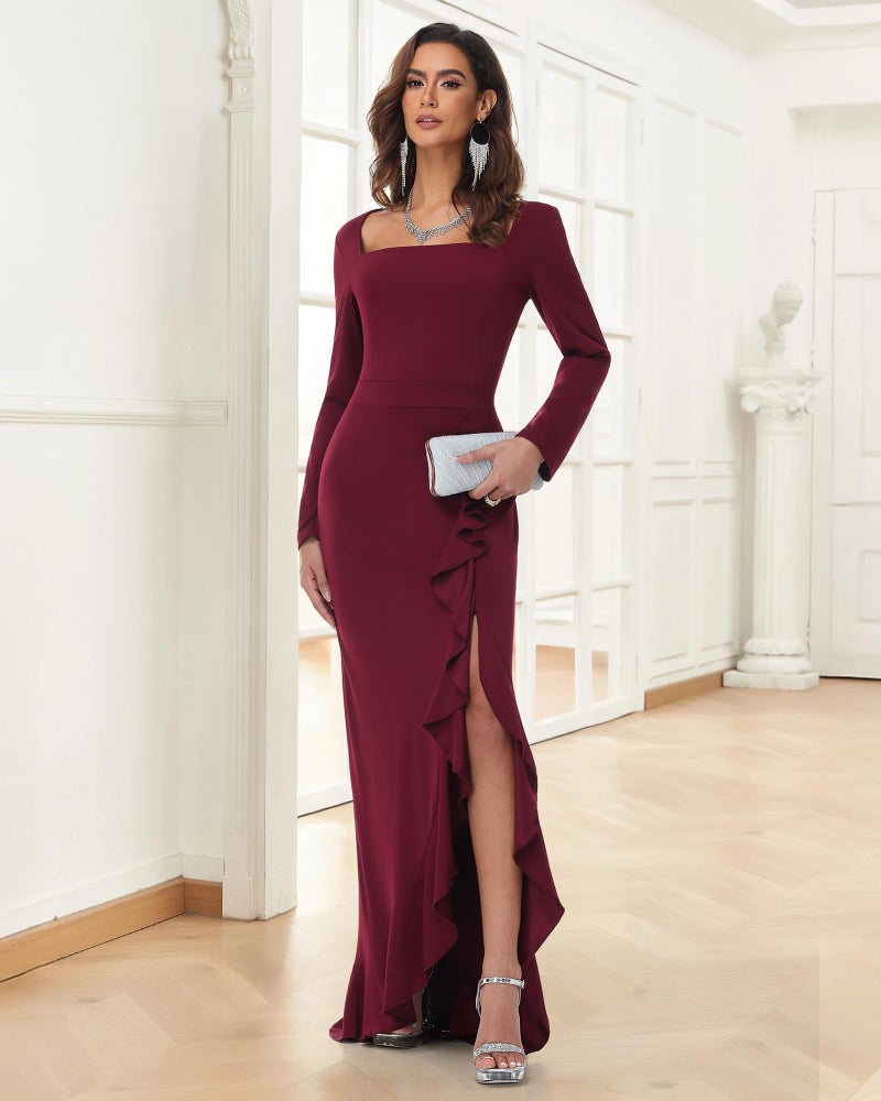 Simlakey Womens Maxi Dress Long Sleeve Square Neck Bodycon Dress Fall Ruffle Hem Mermaid Cocktail Wedding Guest Long Dress(Wine Red,Medium) - Image 2