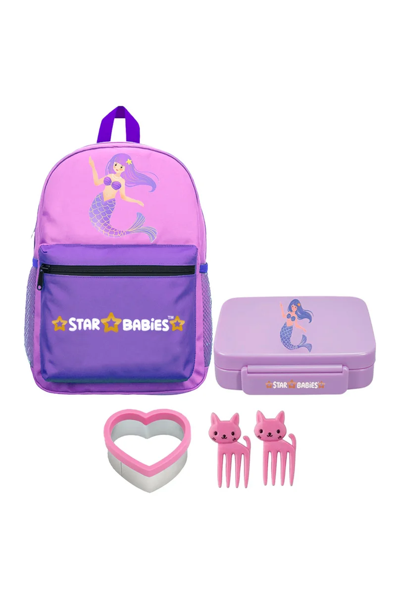 STAR BABiES Star Babies 16-Inch Little Mermaid Themed Children's Backpack with Adjustable Shoulder Strap for Hiking Large with Bento Lunch Box with 4 Compartments, BPA Free, Leak-Proof, Toddler-Friendly, 3 Years+ size ,Pack of 2