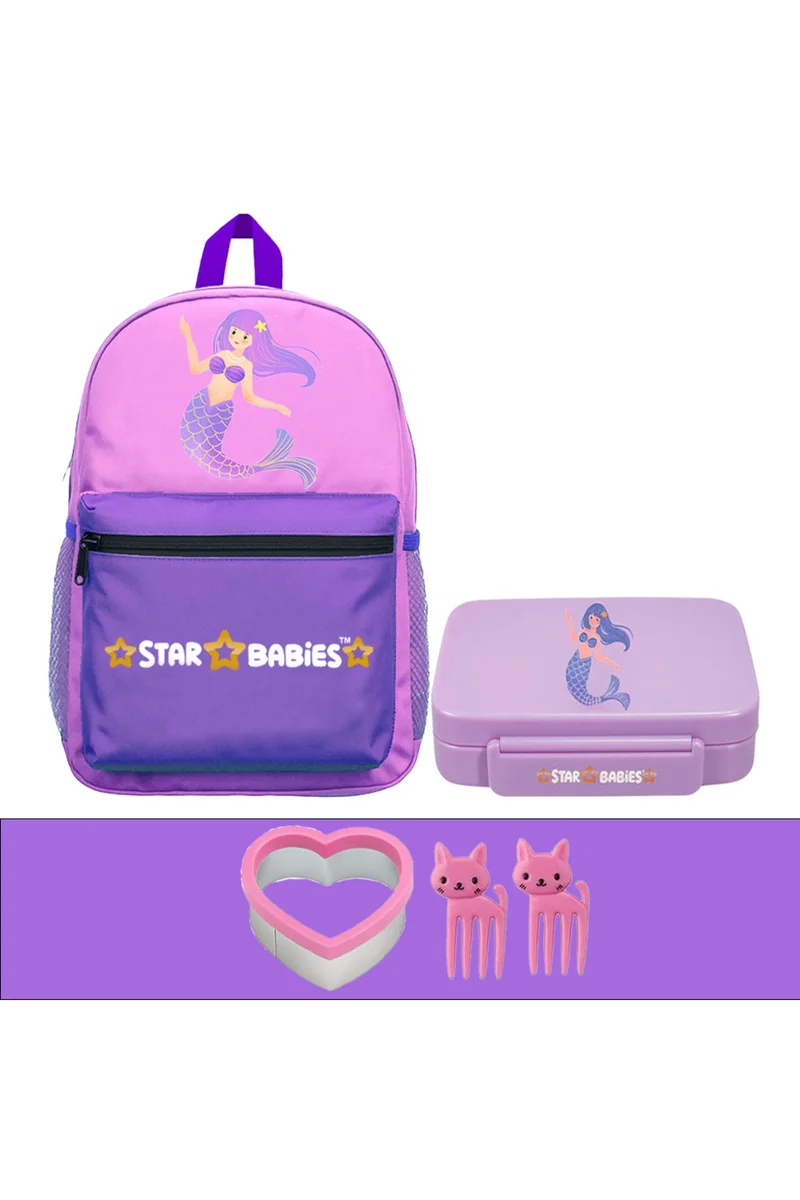 STAR BABiES Star Babies 16-Inch Little Mermaid Themed Children's Backpack with Adjustable Shoulder Strap for Hiking Large with Bento Lunch Box with 4 Compartments, BPA Free, Leak-Proof, Toddler-Friendly, 3 Years+ size ,Pack of 2
