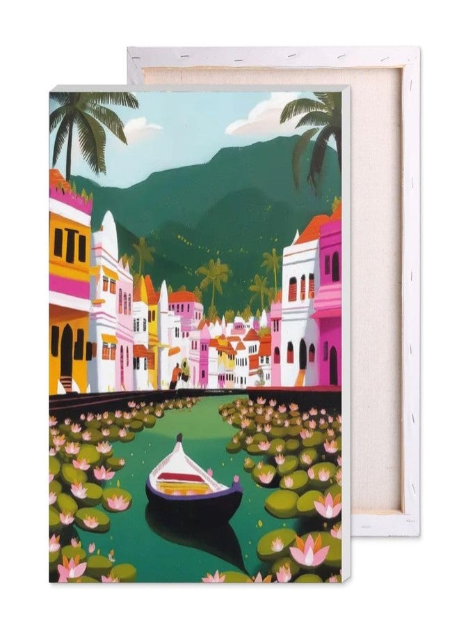 CRAFT MATE CRAFTMATE Framed DIY Paint by Numbers Canvas Art and Craft Kit for Adults and Kids | Tropical Village Boat Design Paint By Numbers Kit | 16 inch x 12 inch - Image 1