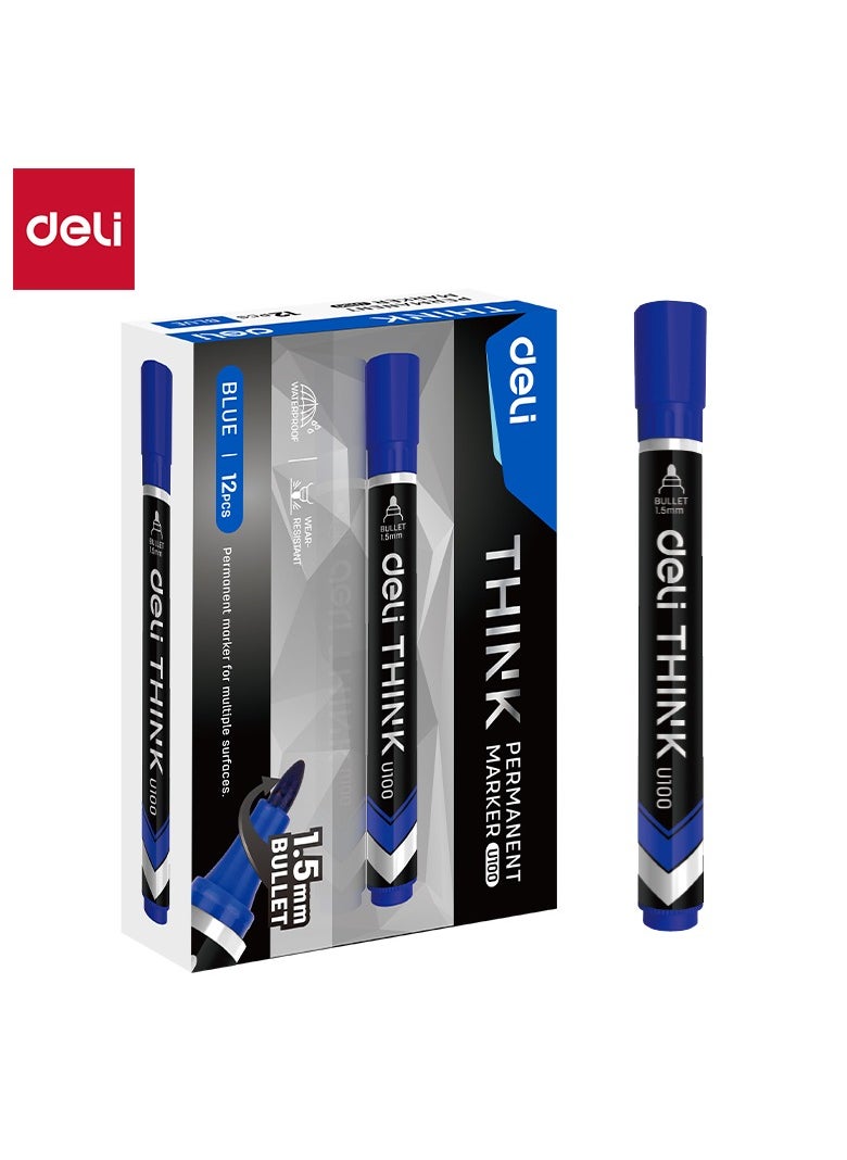 Deli Deli EU10030 Permanent Marker Conical Tip 1.5mm Blue 12PCS/Box – Ideal for Office and Labeling Work 