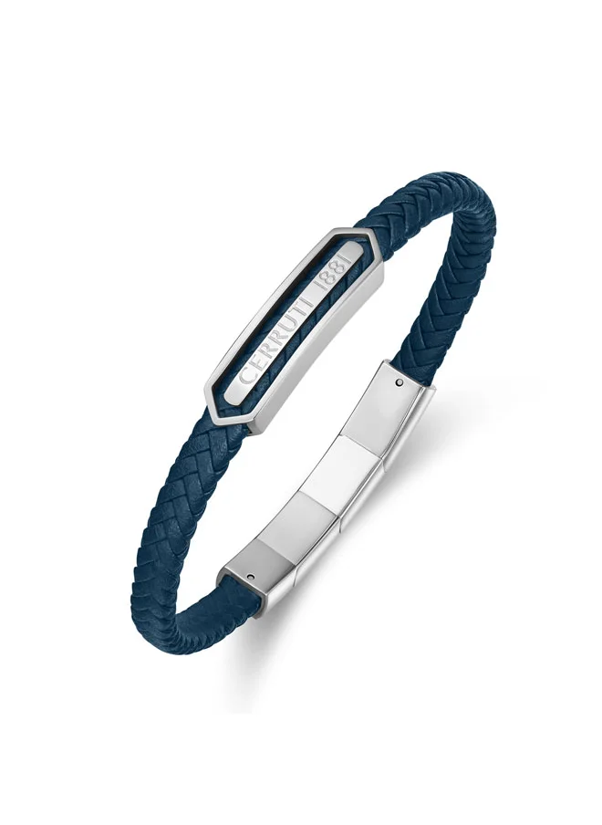 CERRUTI 1881 Sandro Navy Leather, Stainless Steel Logo Motif Bracelet for Men