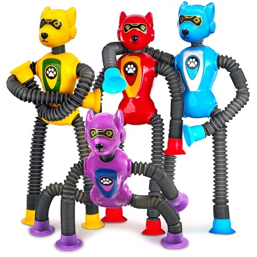 CHESLICR Valentines Day Gift for Classroom Boys Robot Dog Sensory Pop Tube for Toddler Kid 4PC Travel Toys Airplane Car Toy Activities Autistic Road Trip Suction Tube for Boys 3 8 ADHD Autism - Image 1