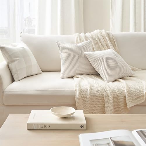 Topfinel Cream White Decorative Neutral Throw Pillow Covers 18x18 Inch for Couch Sofa Bed, Soft Corduroy Striped Patchwork Windmill Textured Square Cushion Covers Set of 2 Spring Boho Home Decor - Image 3