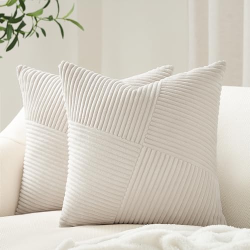 Topfinel Cream White Decorative Neutral Throw Pillow Covers 18x18 Inch for Couch Sofa Bed, Soft Corduroy Striped Patchwork Windmill Textured Square Cushion Covers Set of 2 Spring Boho Home Decor - Image 1