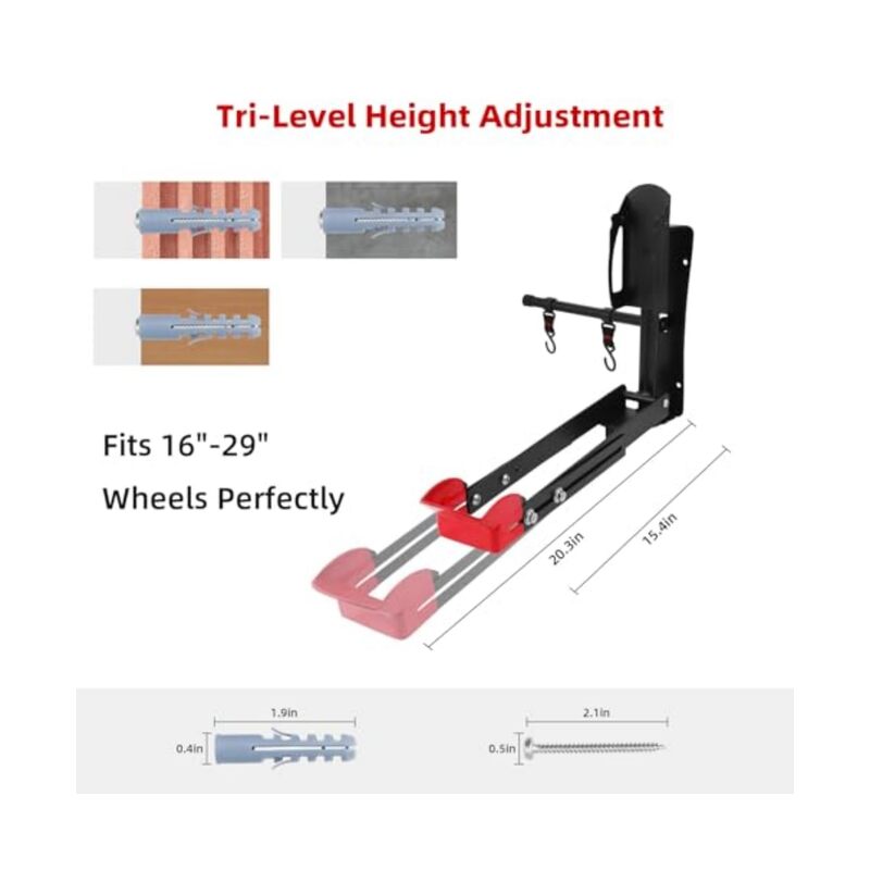 Rotatable Bike Wall Mount eliminates the need to lift heavy garage bike racks after rotation, features three-level wheel adjustment, space-saving, foldable design - Image 2
