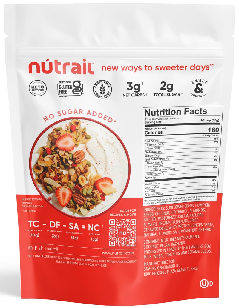 NuTrail Nut Granola Cereal, Vanilla Strawberry, No Sugar Added, Keto, Low Carb, Gluten Free, Grain Free, Healthy Breakfast 8 oz. 3 Count - Image 2