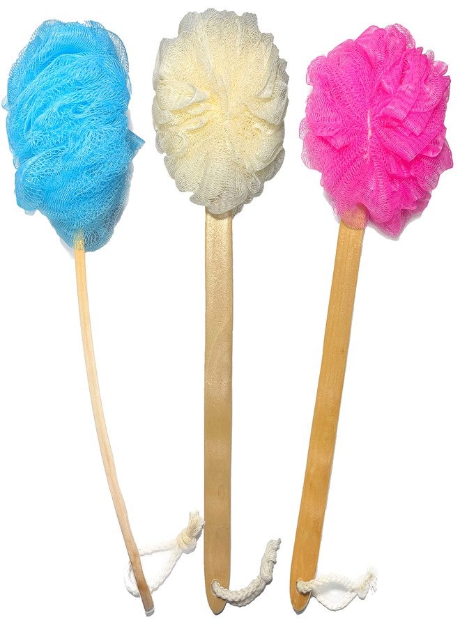 Mr.Cui'shop 3 Pack Exfoliating Loofah luffa loofa Bath Back Brush On a Stick - Long Wooden Handle with Radian is Ergonomic for Men and Women - Shower Sponge Body Back Scrubber Pack of 3 - Image 1