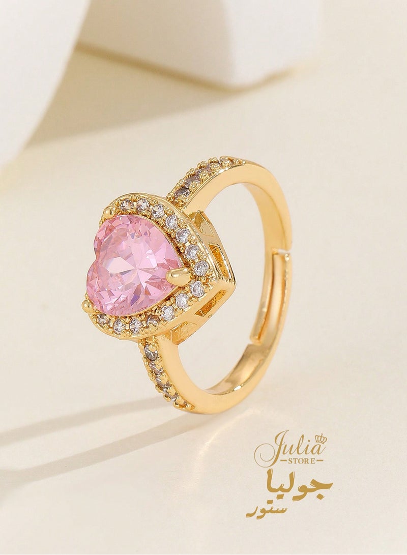 Julia Store 18K Gold Plated Halo Heart Engagement Rings for Women, Free Sire 2CT Pink Cubic Zirconia Heart Wedding Ring Anniversary Valentine's Day Gifts  - Image 1