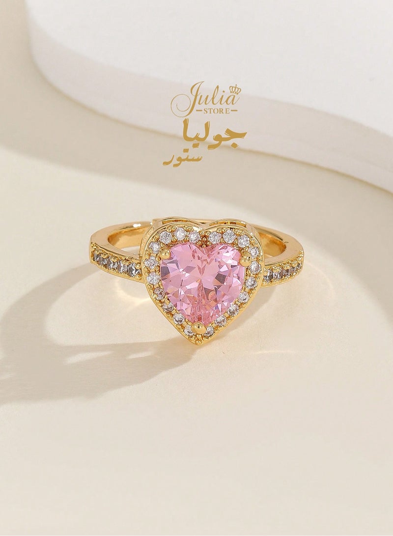 Julia Store 18K Gold Plated Halo Heart Engagement Rings for Women, Free Sire 2CT Pink Cubic Zirconia Heart Wedding Ring Anniversary Valentine's Day Gifts  - Image 5